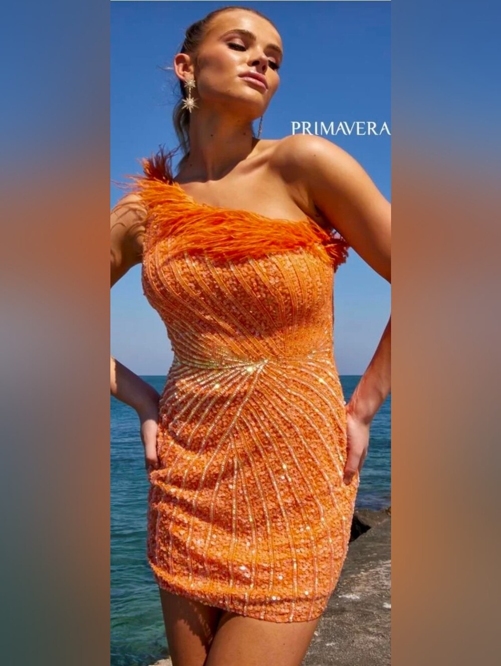 Primavera Orange One-Shoulder Feather Sequin Mini Dress Size 00 #4002